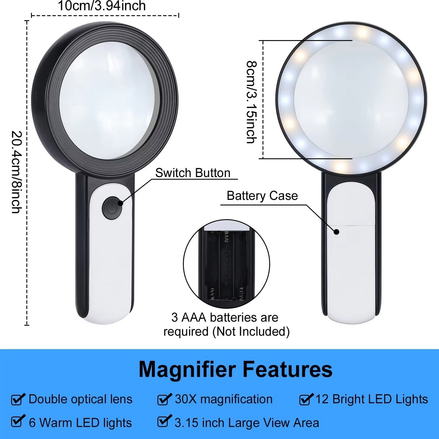 30x Magnifying Glass with LED Lights and Optical Lens, Single Hand Grip