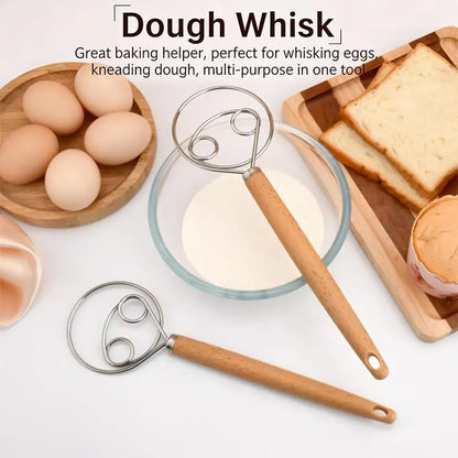 Dough Whisk with Open Coil and Beechwood Handle for Bread Mixing