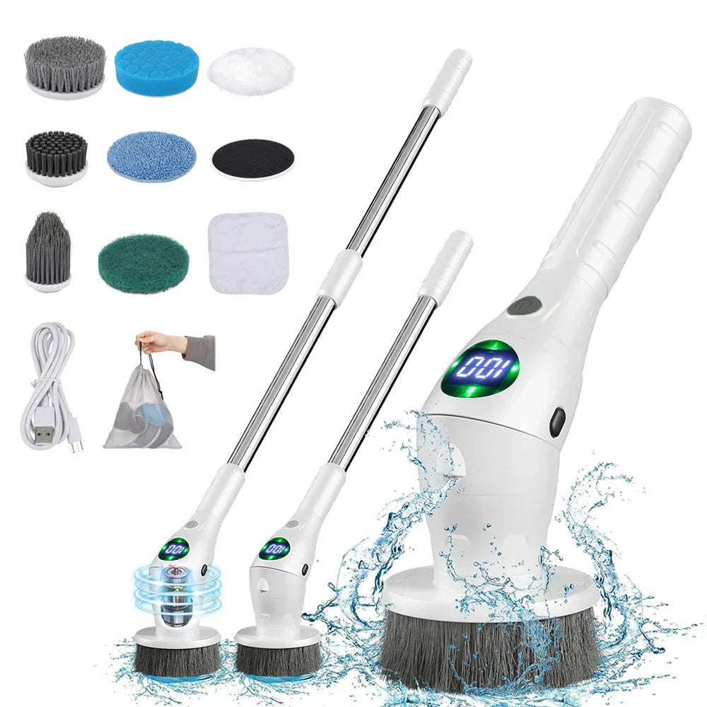 Rechargeable Electric Spin Scrubber with Extendable Handle and 8 Brush Heads, Built-in Work Light