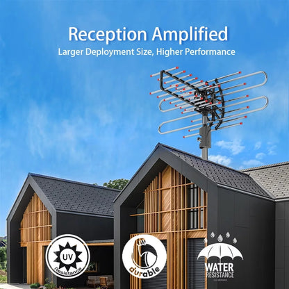 Outdoor TV Antenna with 360 Degree Rotation and Dual Output Ports for VHF/UHF Reception