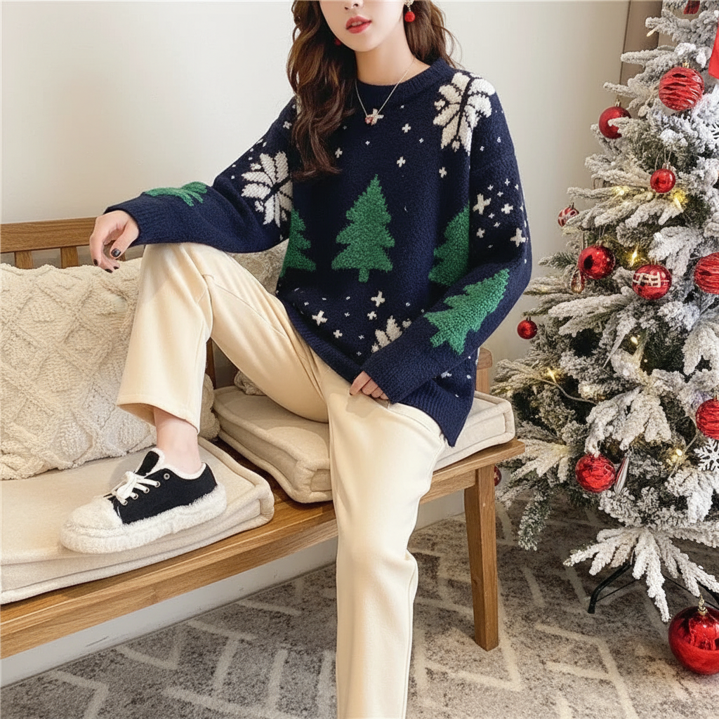 Women's Color Block Pullover with Snowflake Knit and Crew Neck, Red White Blue