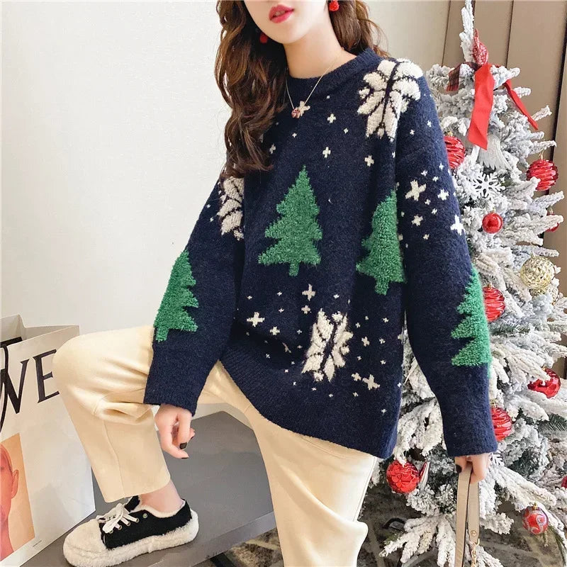 Women's Color Block Pullover with Snowflake Knit and Crew Neck, Red White Blue