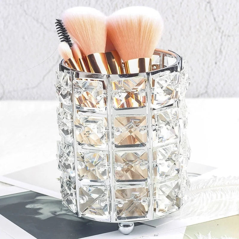 Crystal Bead Makeup Brush Organizer with Stainless Steel Frame, Gold or Silver