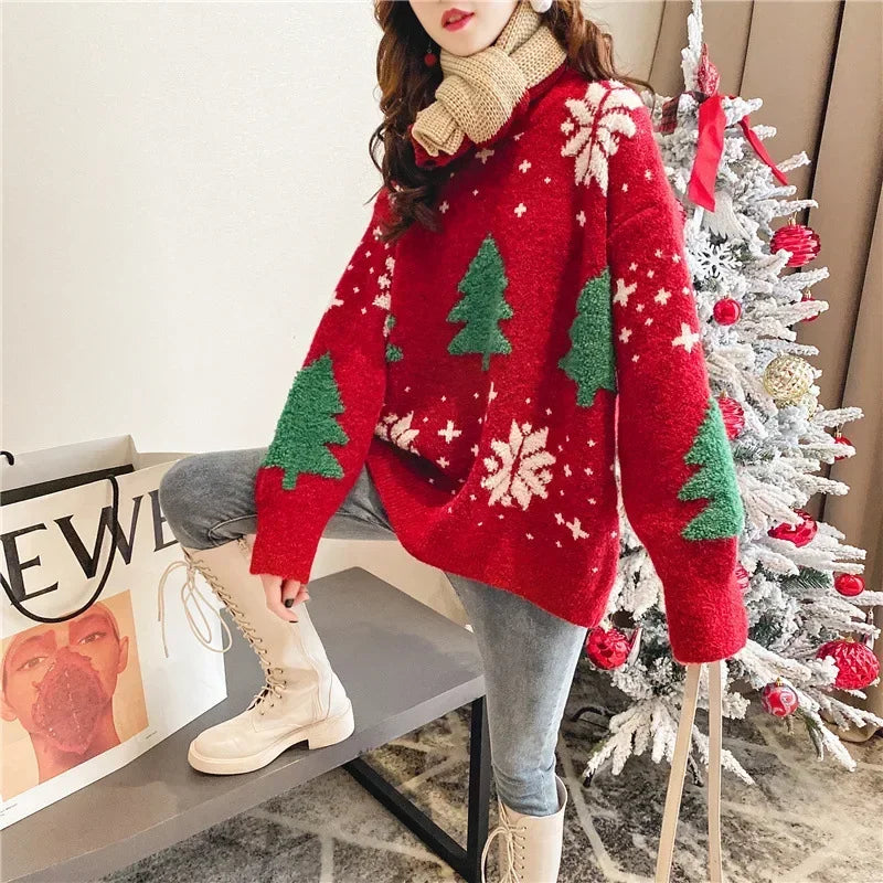 Women's Color Block Pullover with Snowflake Knit and Crew Neck, Red White Blue