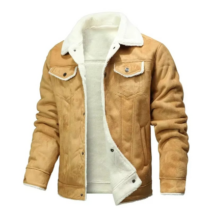 Mens Suede Finish Winter Coat with Thick Fleece Lining and Turn Down Collar