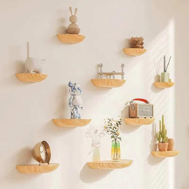 Half Round Wooden Wall Shelf with Floating Mount and Natural Grain
