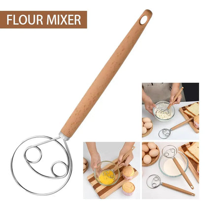Dough Whisk with Open Coil and Beechwood Handle for Bread Mixing