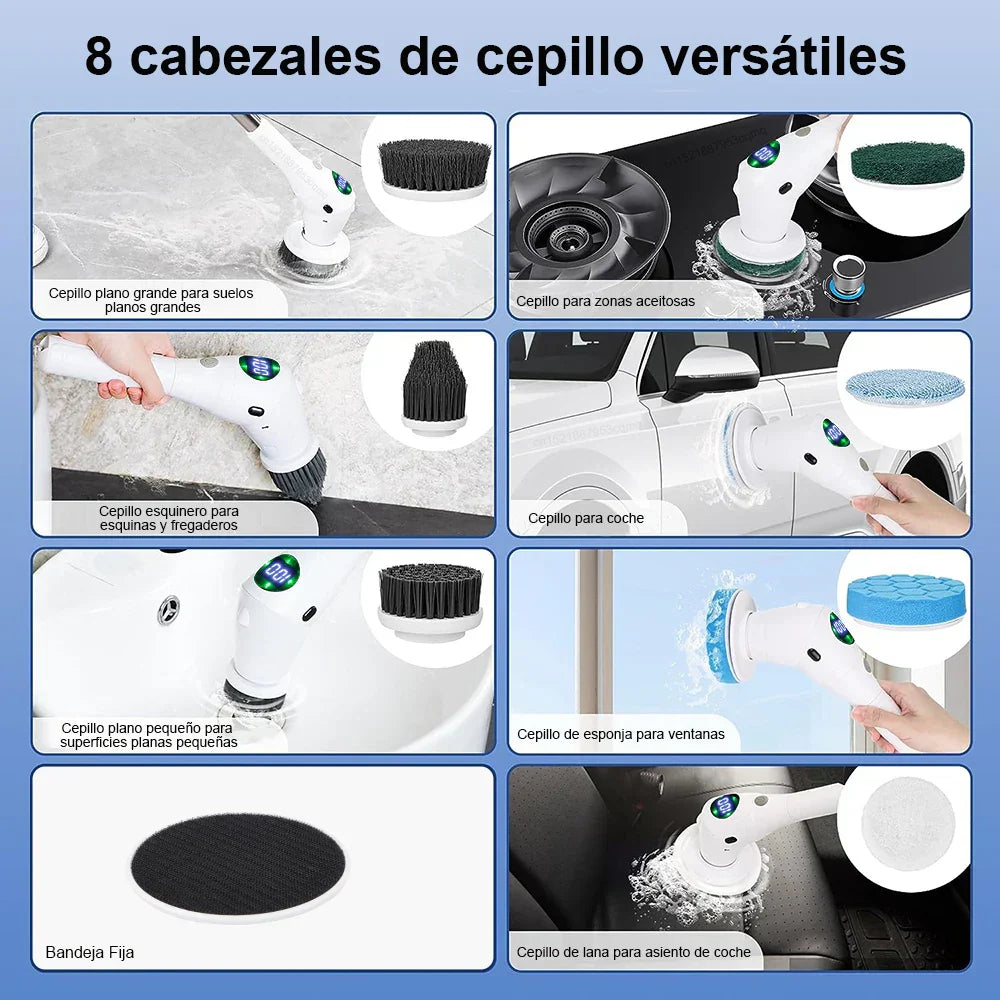 Rechargeable Electric Spin Scrubber with Extendable Handle and 8 Brush Heads, Built-in Work Light
