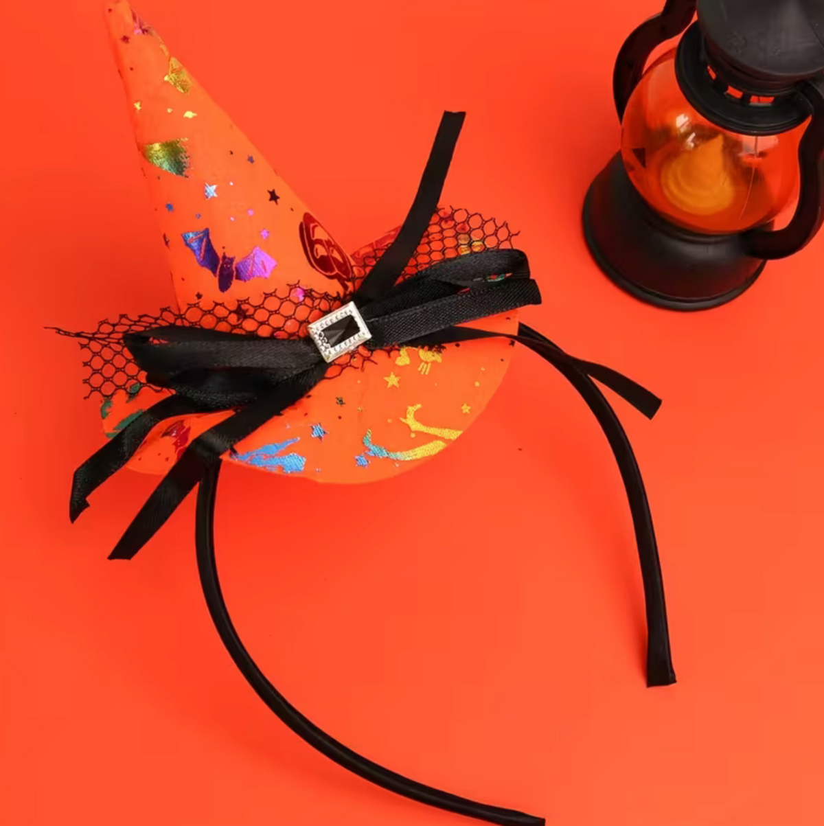 Orange Mini Witch Hat Headband with Lace Trim, Bow, and Spider Web Pattern
