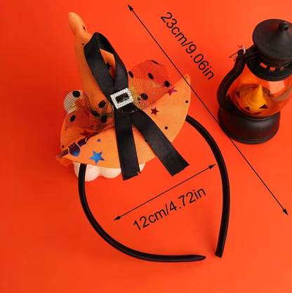 Orange Mini Witch Hat Headband with Lace Trim, Bow, and Spider Web Pattern