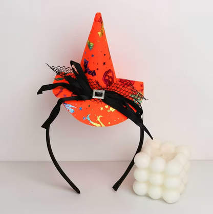 Orange Mini Witch Hat Headband with Lace Trim, Bow, and Spider Web Pattern