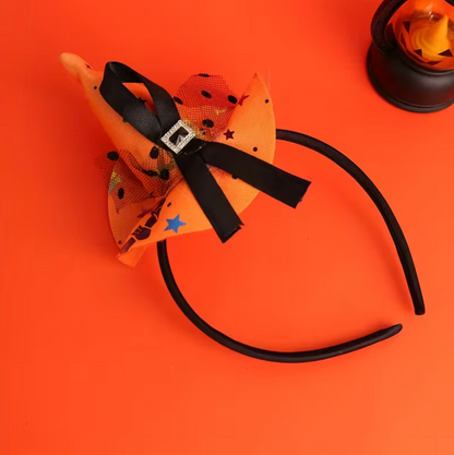 Orange Mini Witch Hat Headband with Lace Trim, Bow, and Spider Web Pattern