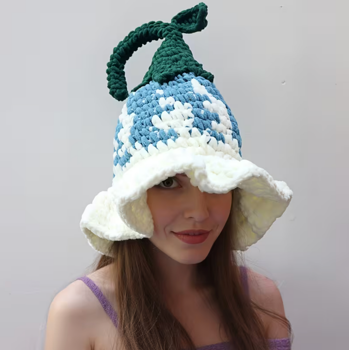 Hand Crocheted Pointed Wizard Hat with Floral Pattern for Women in Three Colors