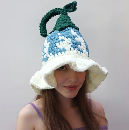 Hand Crocheted Pointed Wizard Hat with Floral Pattern for Women in Three Colors