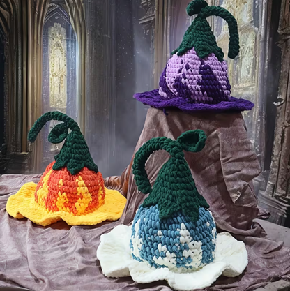 Hand Crocheted Pointed Wizard Hat with Floral Pattern for Women in Three Colors