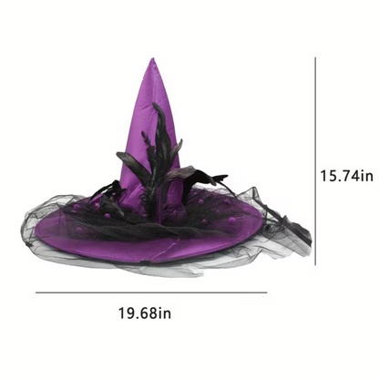 Vintage Style Witch Hat with Attached Sheer Veil and Adjustable Sizing Band
