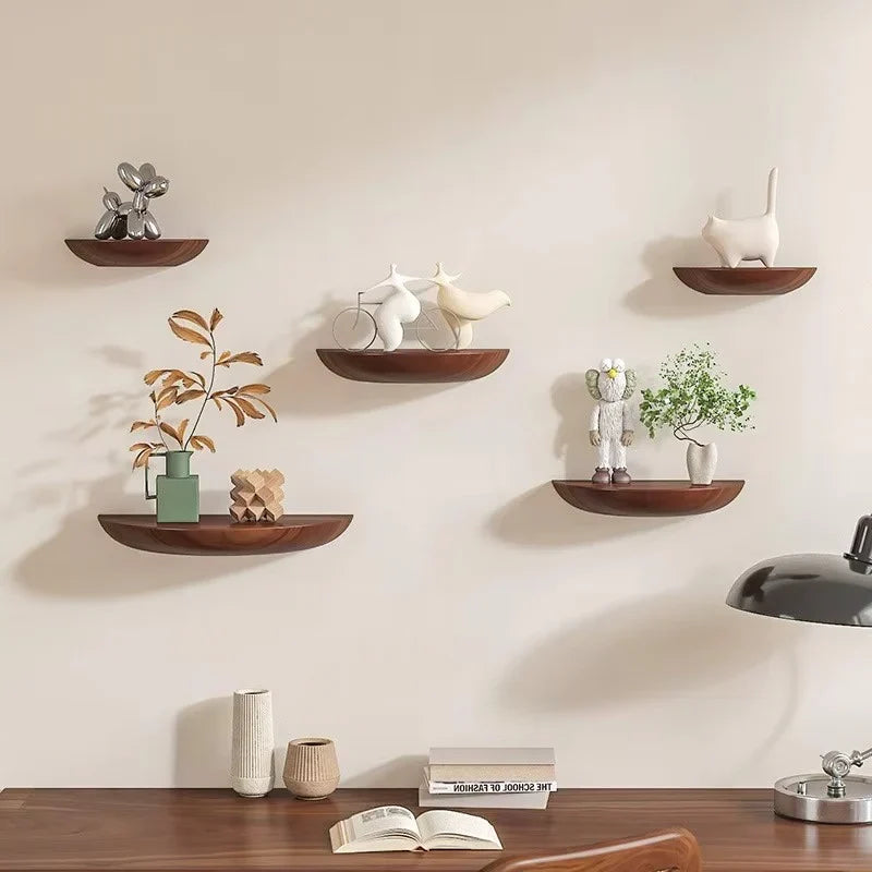 Half Round Wooden Wall Shelf with Floating Mount and Natural Grain