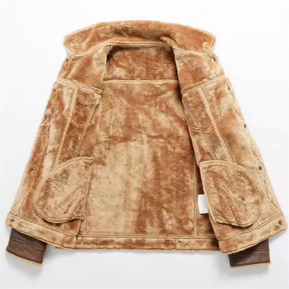 Mens Suede Finish Winter Coat with Thick Fleece Lining and Turn Down Collar
