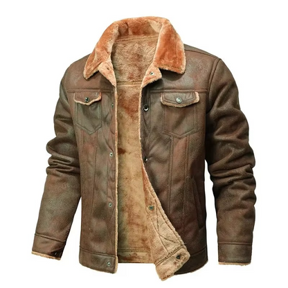 Mens Suede Finish Winter Coat with Thick Fleece Lining and Turn Down Collar
