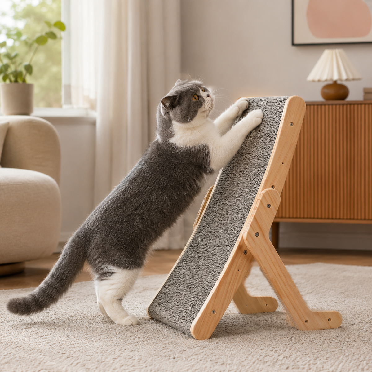 Curved Wood Cat Scratcher with Natural Slope Design and Lounging Surface
