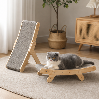 Curved Wood Cat Scratcher with Natural Slope Design and Lounging Surface