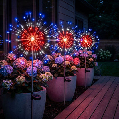 Solar Starburst Garden Stake Lights Set of 2 with Fairy Light Strands in Two Color Options