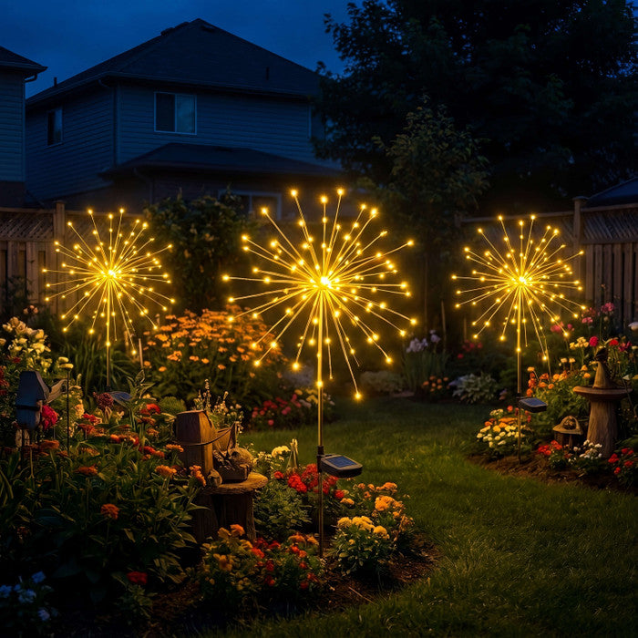 Solar Starburst Garden Stake Lights Set of 2 with Fairy Light Strands in Two Color Options