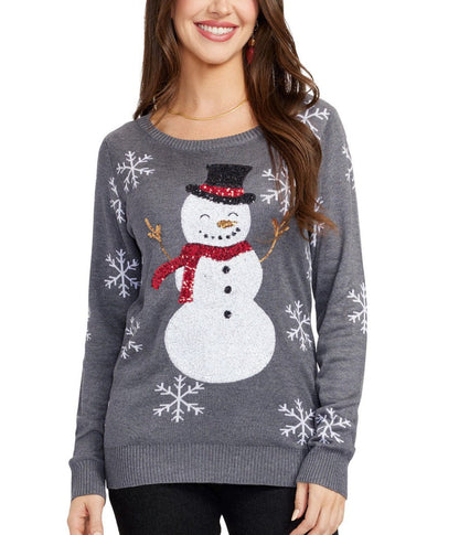 Womens Gray Sequin Snowman Christmas Sweater with Sparkling Snowflake Sleeves