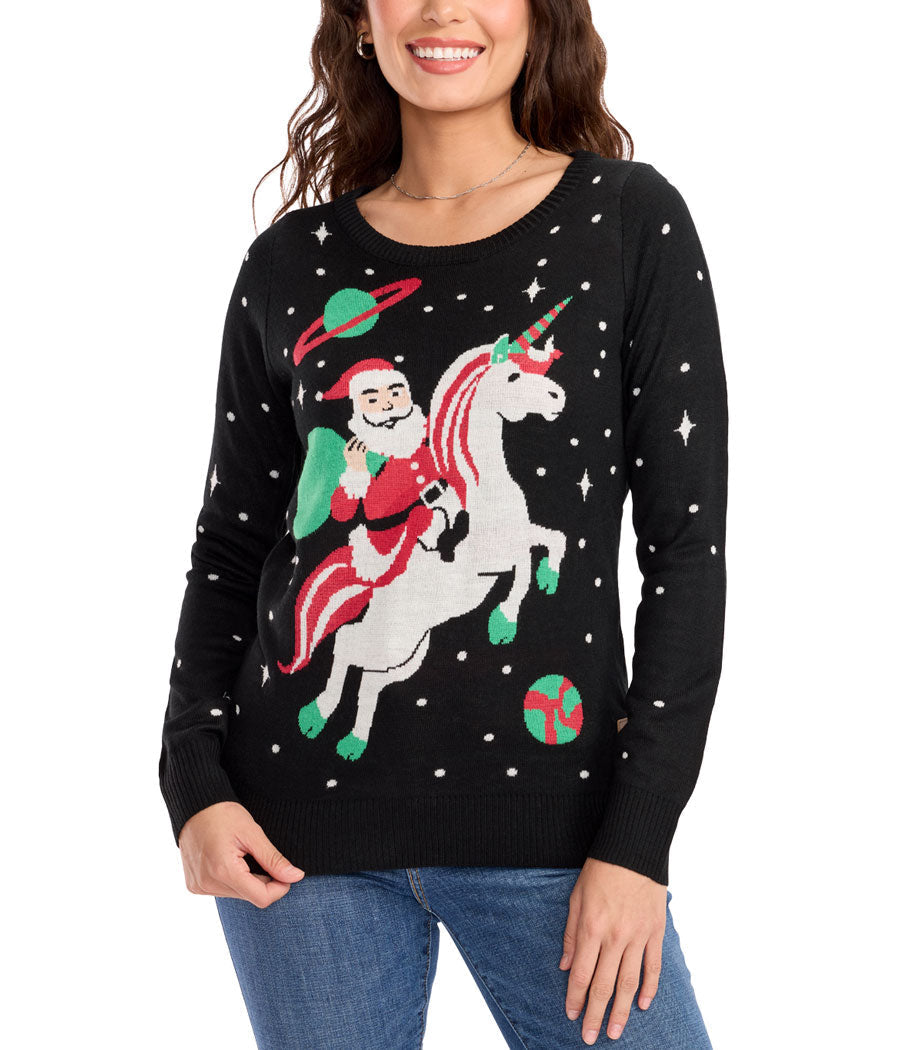 Womens Black Christmas Sweater with Santa Riding a Unicorn Design