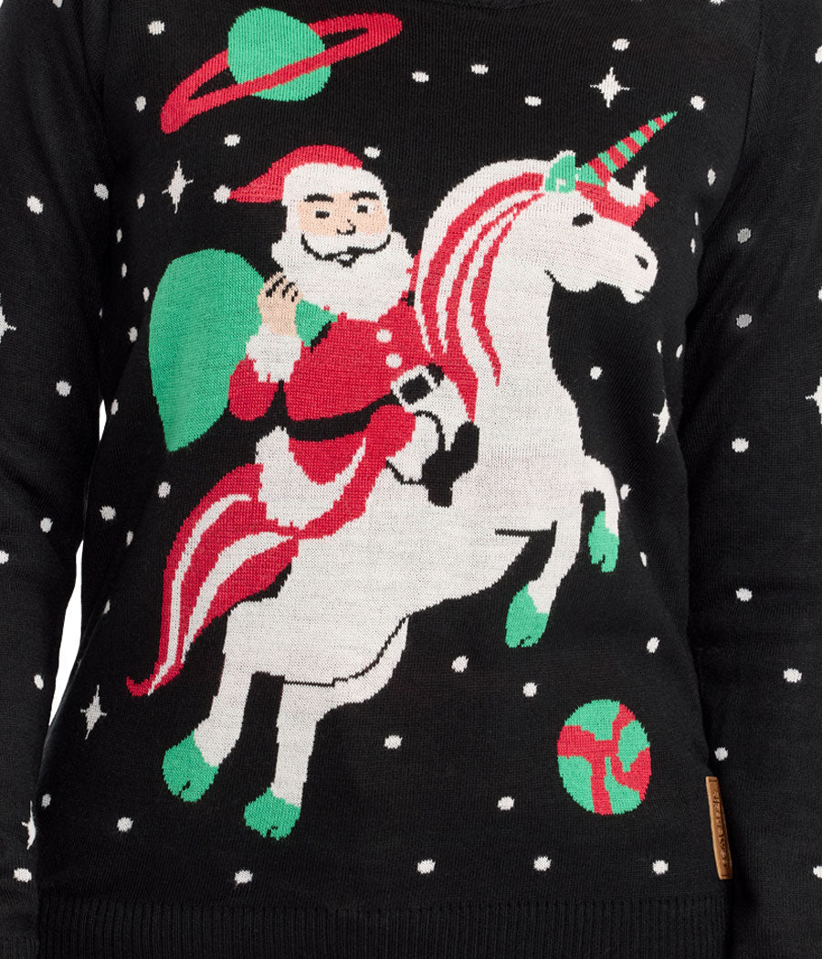 Womens Black Christmas Sweater with Santa Riding a Unicorn Design