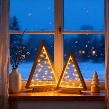 Timber Triangle Trees Set of Two in a Wooden Finish with Golden Fairy Lights at 14 and 10 Inches Tall