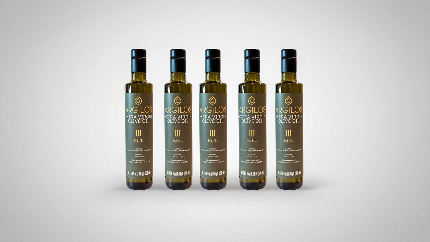 Argilos III Ripe Greek Extra Virgin Olive Oil — Smooth & Versatile 5-Pack (5 × 500 ml)