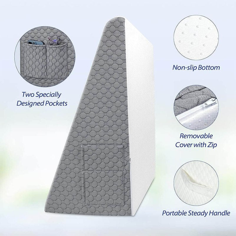 Memory Foam Wedge Pillow with Dual Side Pockets and Machine Washable Cover