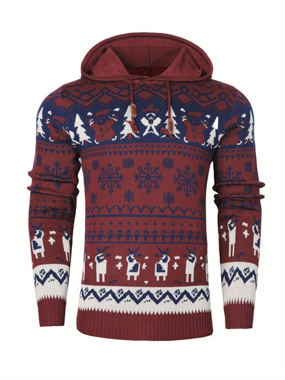 Christmas Hooded Sweater with Reindeer, Snowflake and Star Patterns and a Drawstring Hood in Two Styles