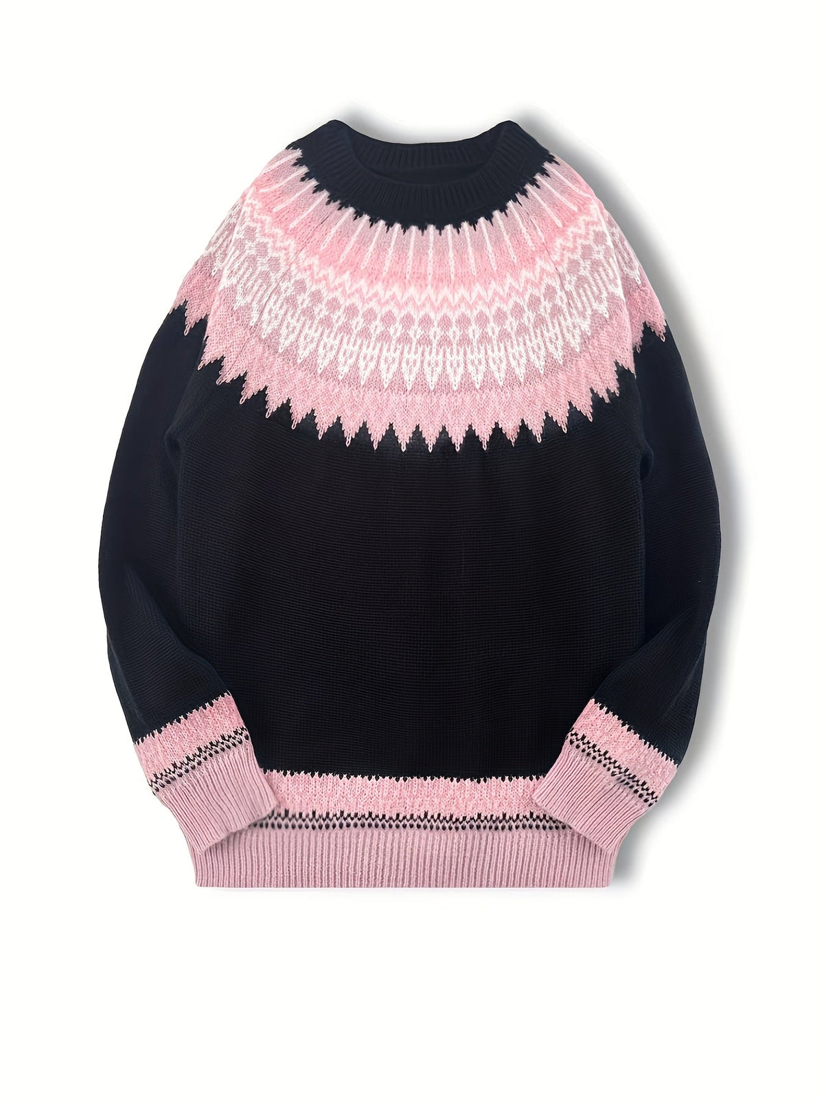Womens Chunky Jacquard Round Neck Sweater with a Nature Inspired Pattern in Eight Colors