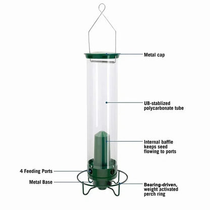 Hanging Bird Feeder with Weight Activated Spinning Perch and Metal Construction