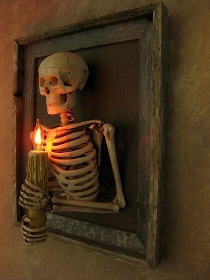 Framed 3D Skeleton Torso with Working Candle Light and Wall Mounting Hardware