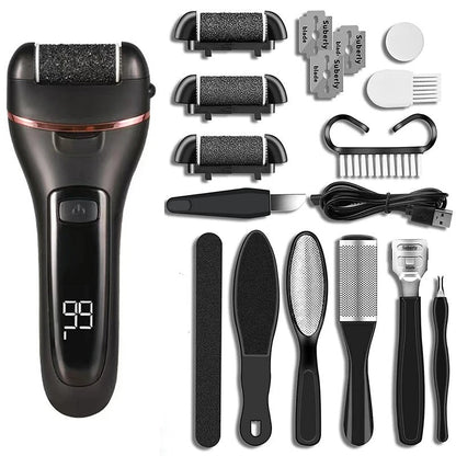 Foot Callus Remover with Quartz Roller Heads and LED Light, 16-Piece Pedicure Kit
