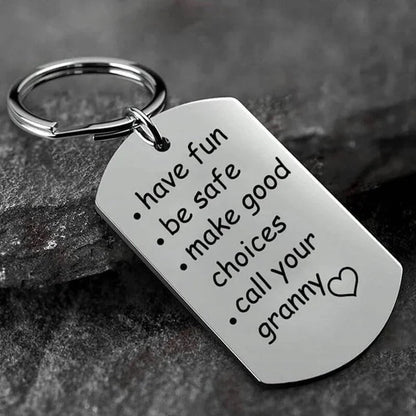 Engraved Stainless Steel Keychain with Reminder Message and Ring Clip