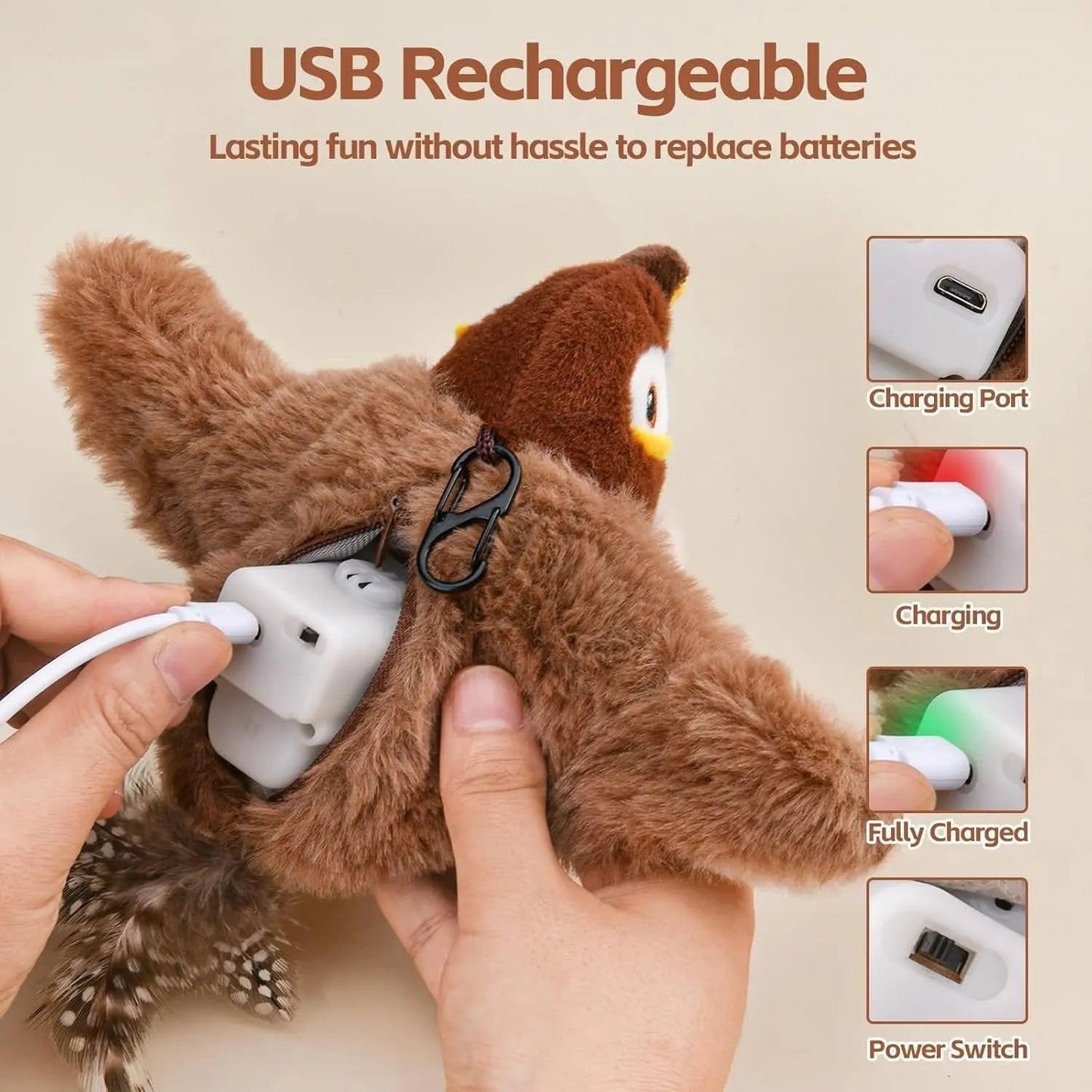 Interactive Cat Toy with Motion-Activated Chirps and Flapping Tail, USB Rechargeable All Vera Mart