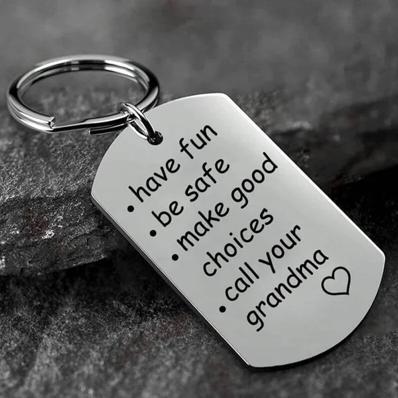 Engraved Stainless Steel Keychain with Reminder Message and Ring Clip
