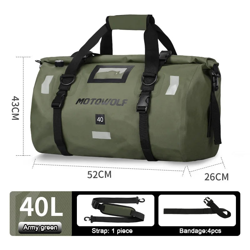Motorcycle Tail Duffle Bag with Roll Top Buckle Closure and Reflective Strips, 40L-66L