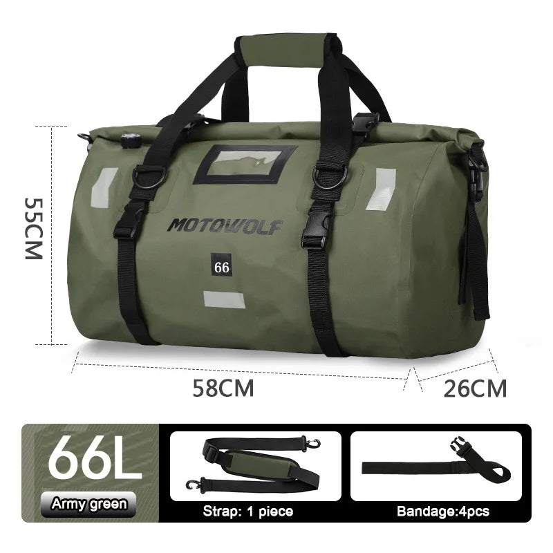 Motorcycle Tail Duffle Bag with Roll Top Buckle Closure and Reflective Strips, 40L-66L