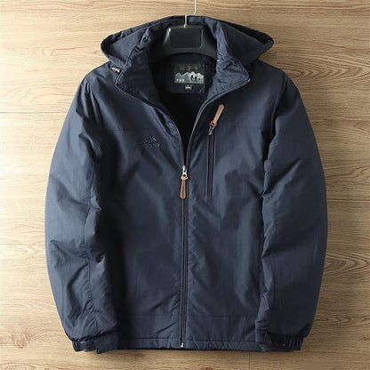 Windproof Hooded Jacket with Insulated Lining and Drawstring Hood, Two Zip Pockets