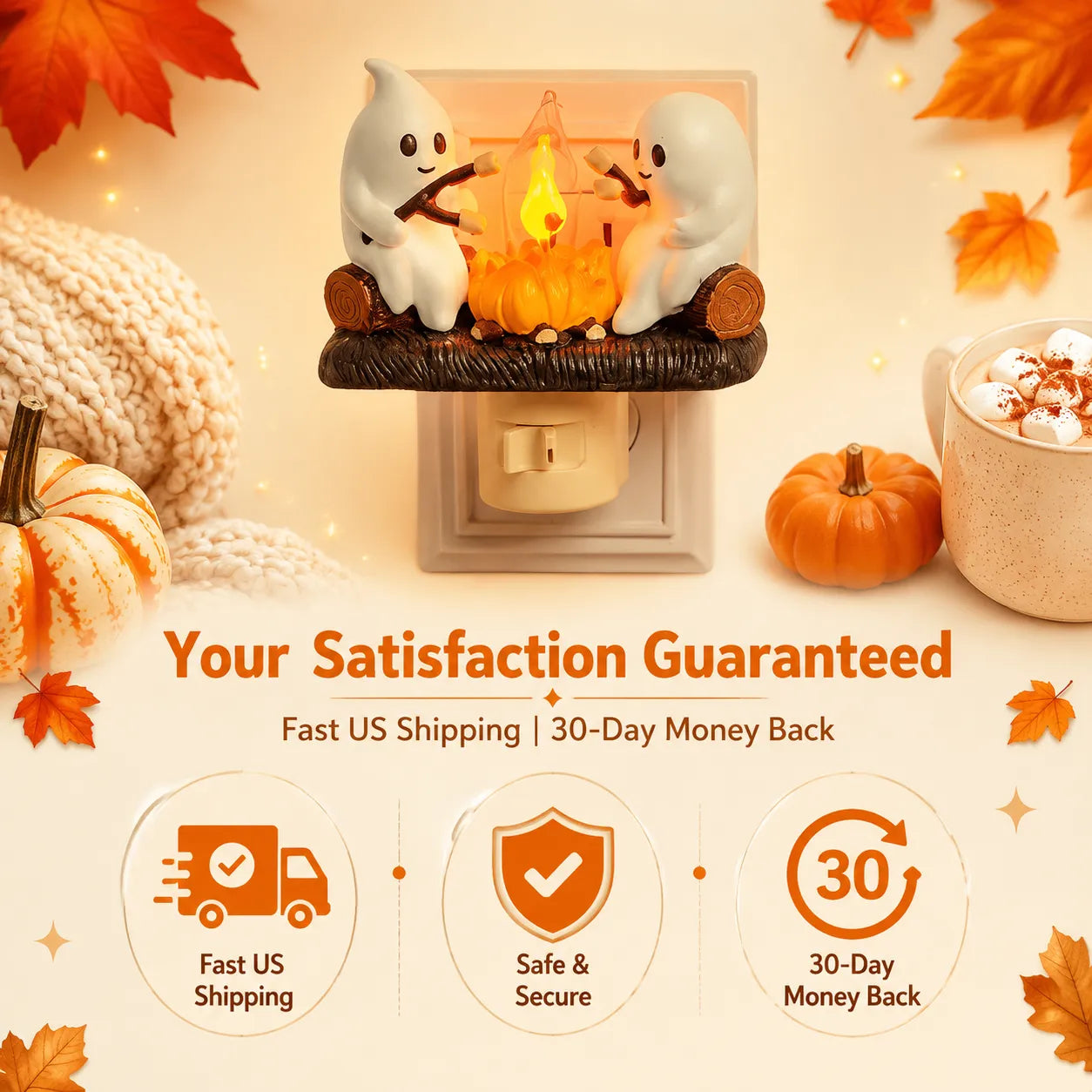 Ghost Campfire Night Light with Flickering Amber Glow and Wall Plug