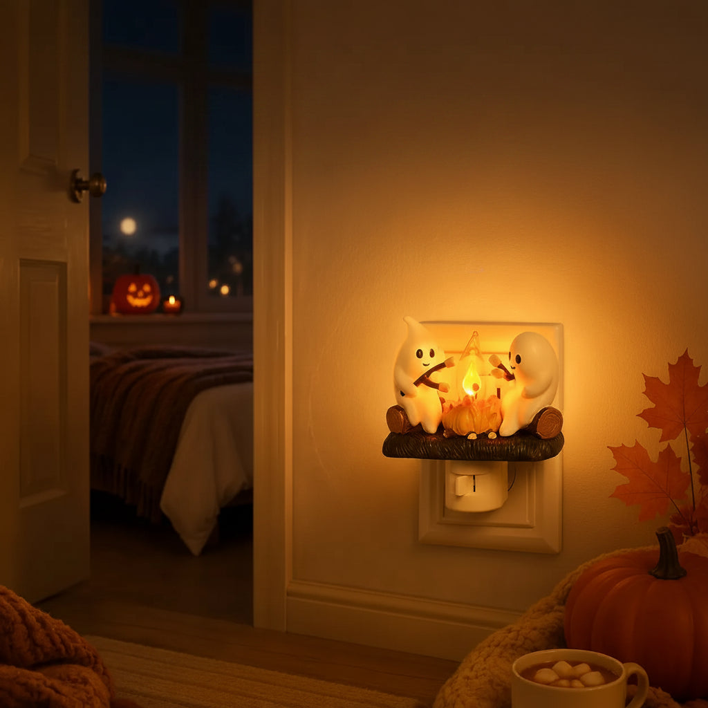 Ghost Campfire Night Light with Flickering Amber Glow and Wall Plug