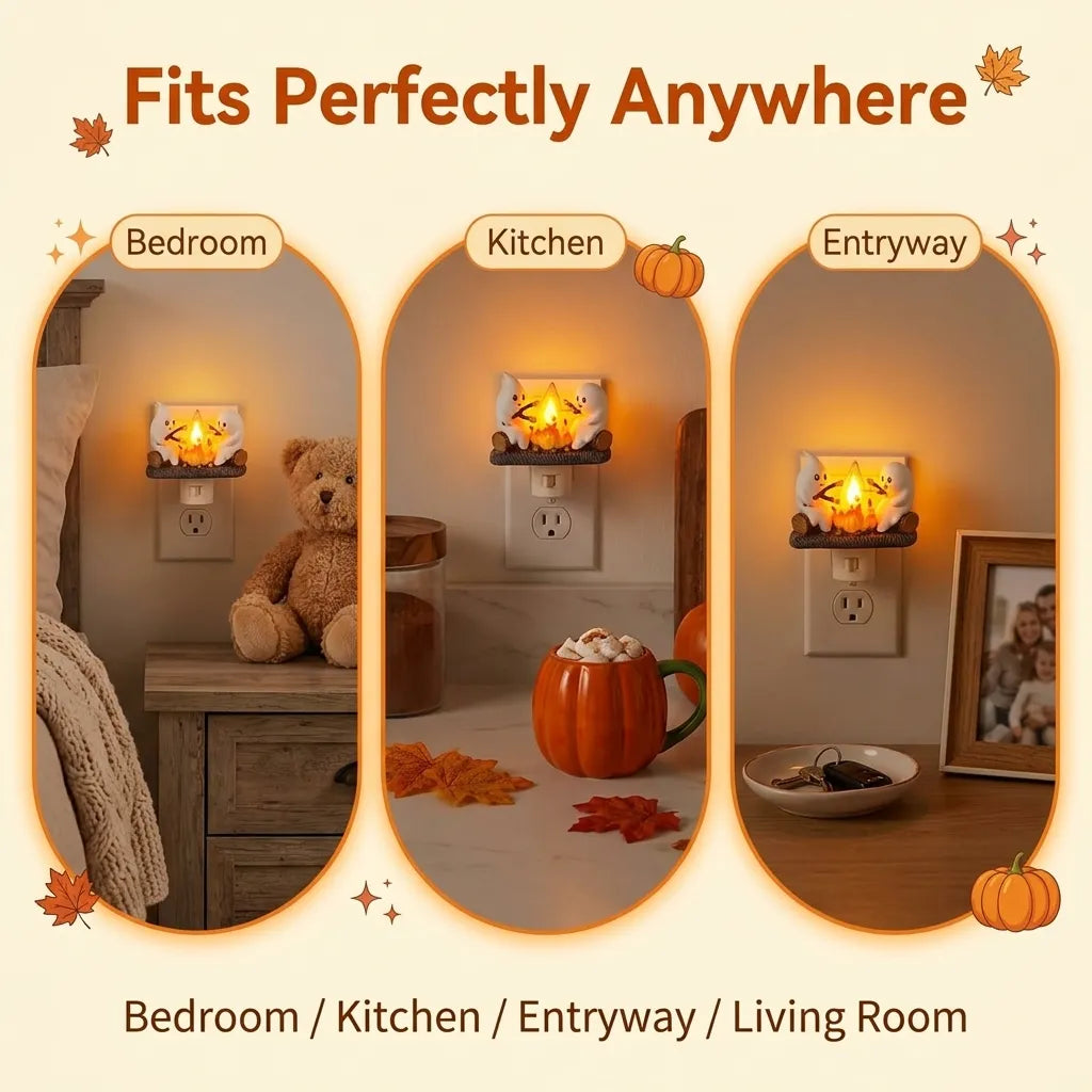 Ghost Campfire Night Light with Flickering Amber Glow and Wall Plug