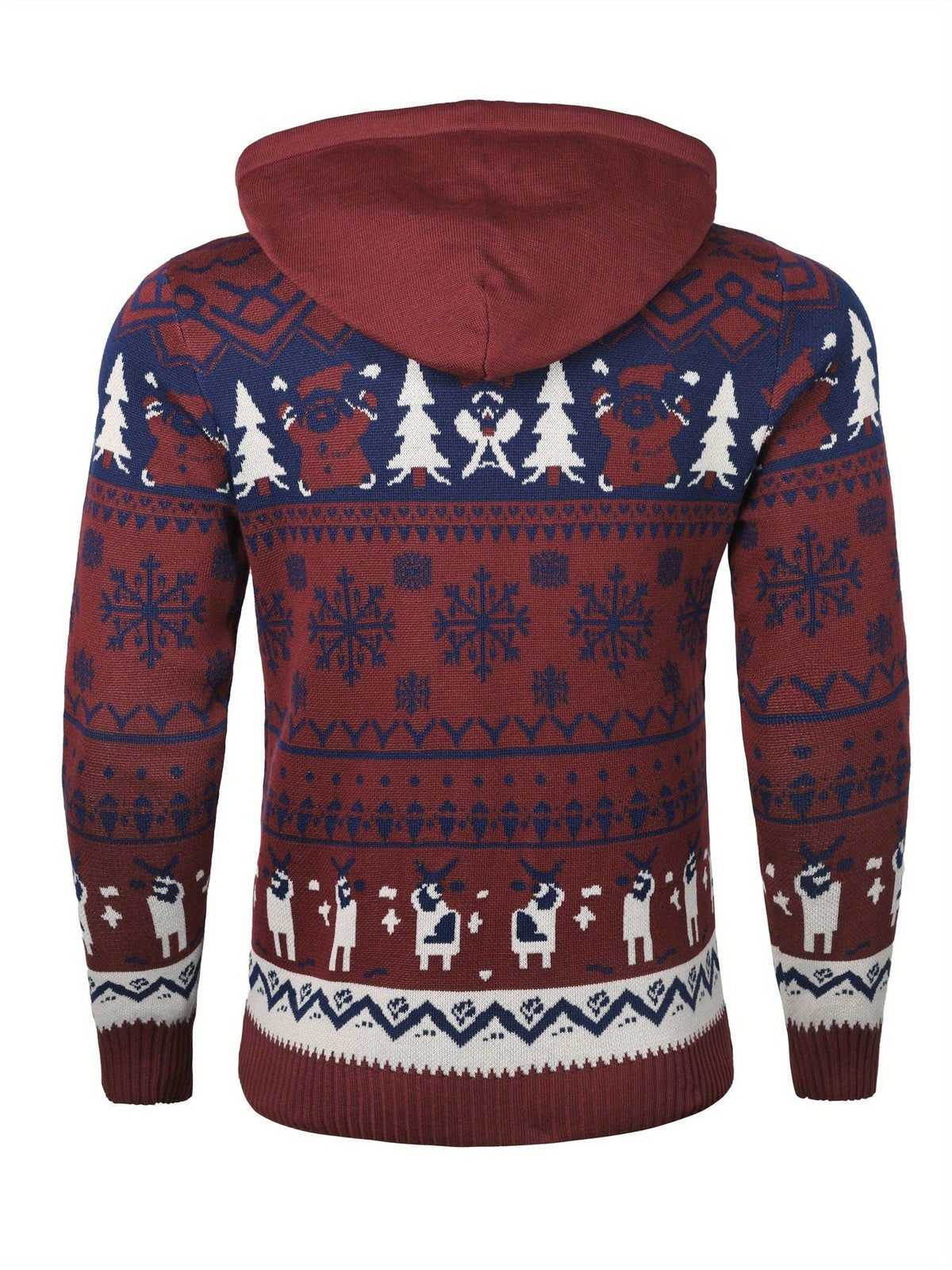Christmas Hooded Sweater with Reindeer, Snowflake and Star Patterns and a Drawstring Hood in Two Styles