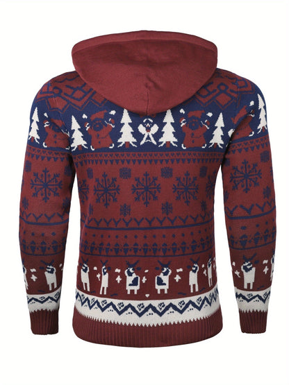 Christmas Hooded Sweater with Reindeer, Snowflake and Star Patterns and a Drawstring Hood in Two Styles