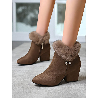Womens Block Heel Ankle Boots with a Plush Collar, Pointed Toe and Side Zip in Brown or Black